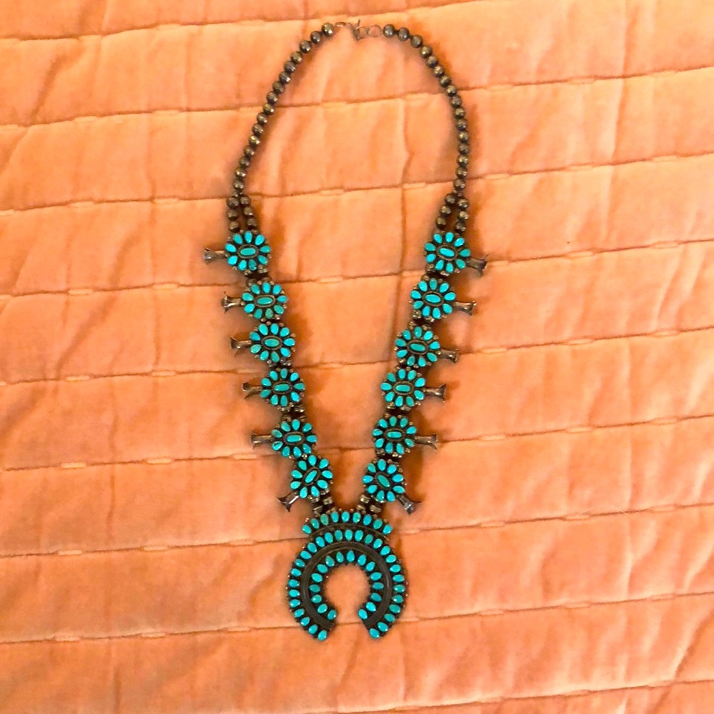 Vintage Navajo squash blossom turquoise necklace stamped F.M.BEGAY